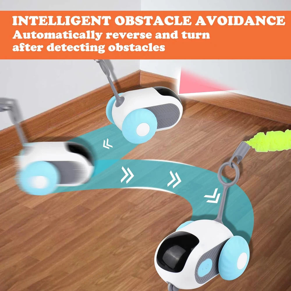 Robotic device with intelligent obstacle avoidance feature on a wooden floor.