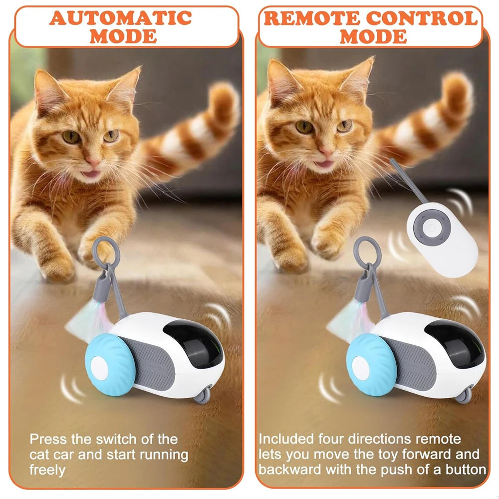 Two images showing a cat interacting with a toy car in automatic and remote control modes.