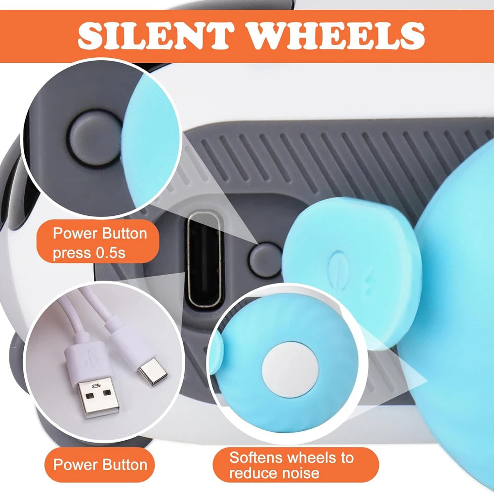 Silent wheels with power button and USB cable on a white background