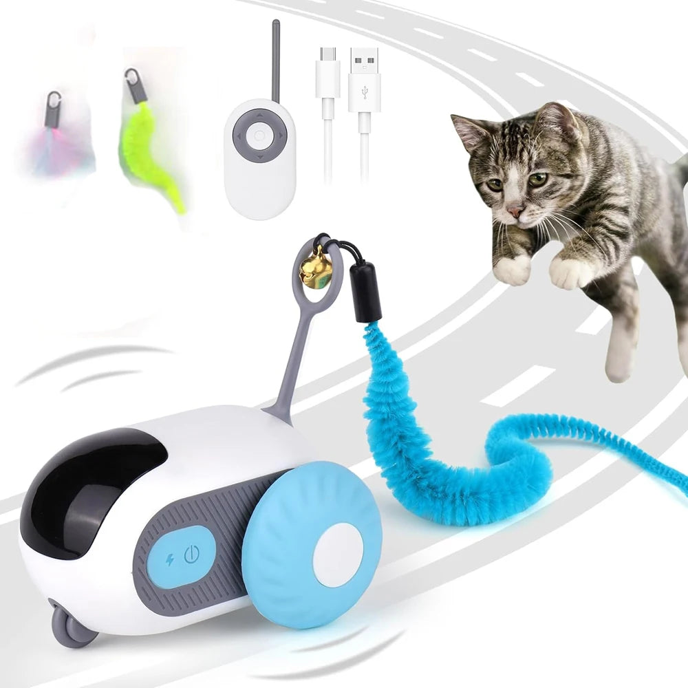 Pet toy device with a blue leash and cat toy attachments on a white background.