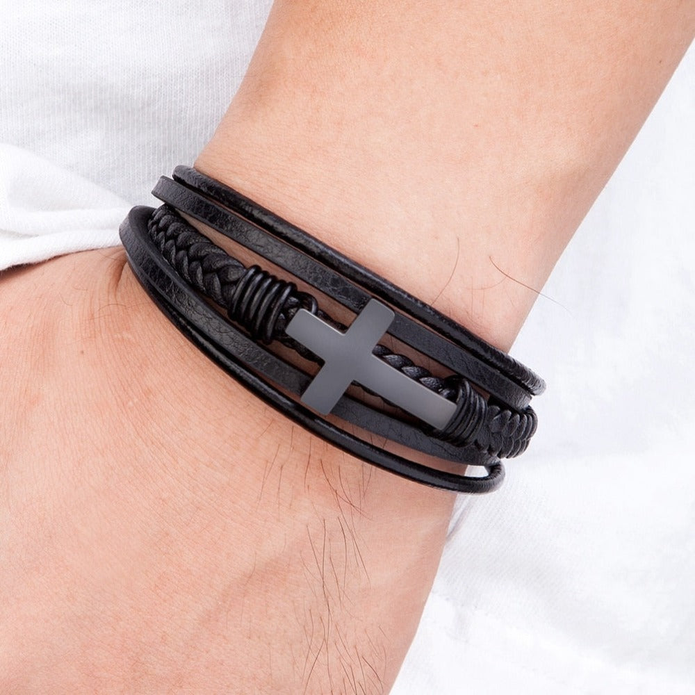 Leather bracelet & multicolor cross - Mag & Doudy