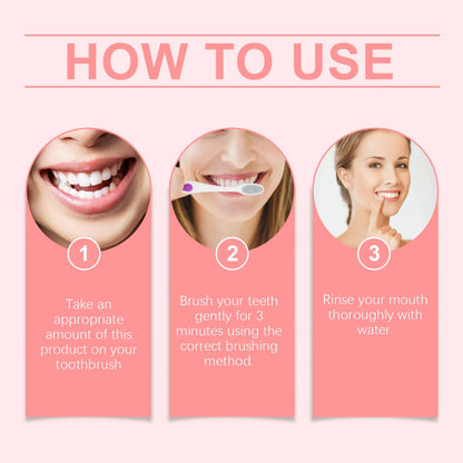 Instructions on how to use a dental product with three steps shown