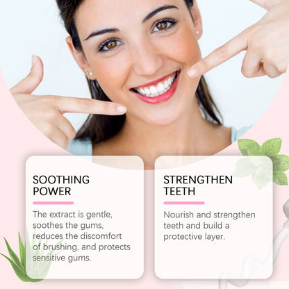 Woman pointing to her smile with text about soothing power and strengthening teeth.