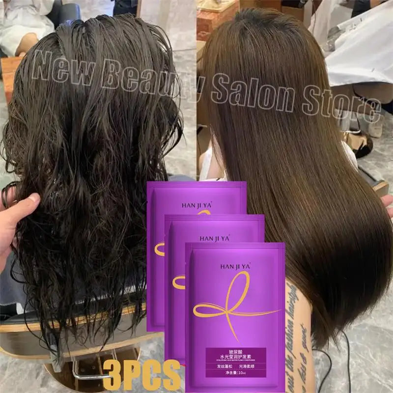 Before and after comparison of hair treatment with Han Ji Ya product packaging.