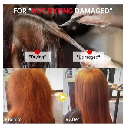 Before and after hair dyeing process for damaged hair with text indicating steps.