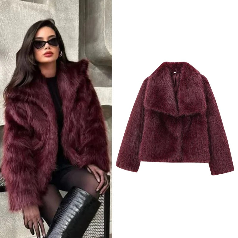 burgundy fur bomber coat women
