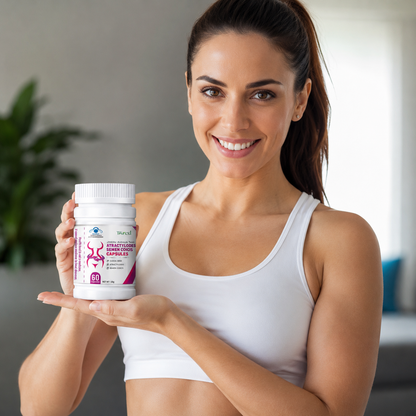 Woman holding a supplement bottle in a casual setting