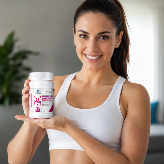 Woman holding a supplement bottle in a casual setting