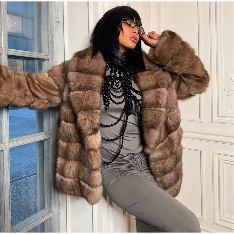 elegant contrast fur coat women