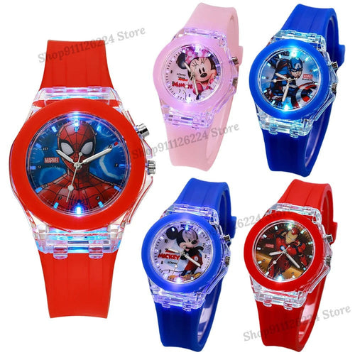 Five colorful children's watches with character-themed faces on a white background.