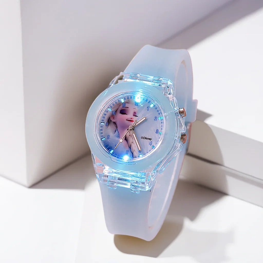 White watch with a blue light on a white surface
