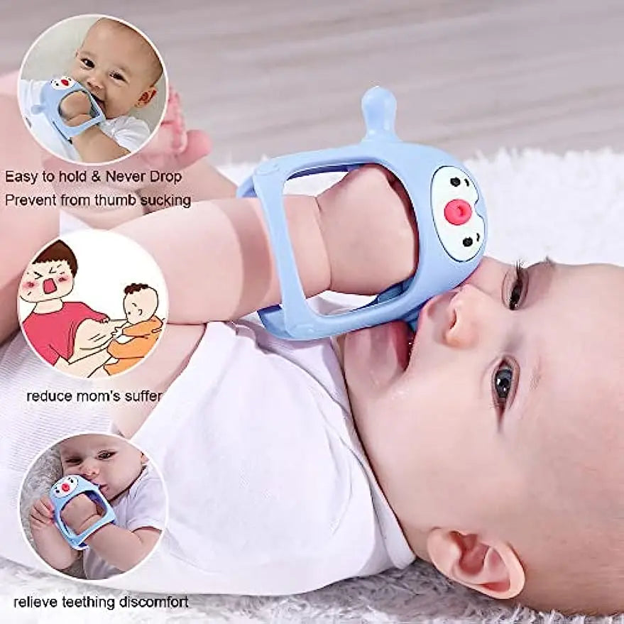 Baby using a blue teething ring