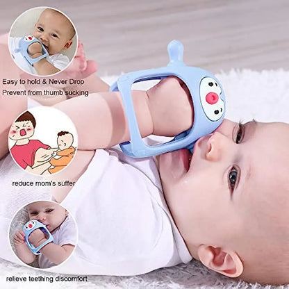 Baby using a blue teething ring