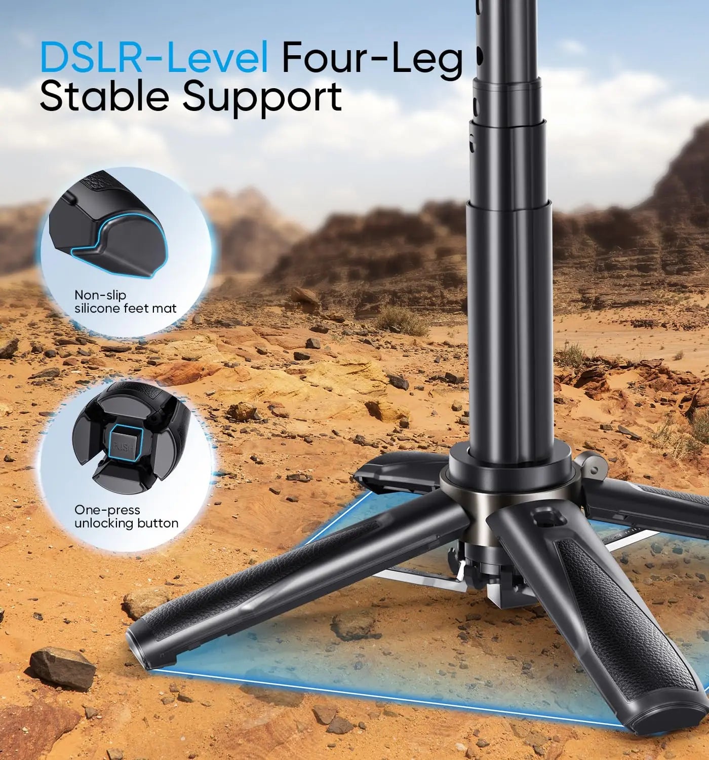 Tripod with four-legged stable support on a desert background