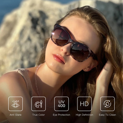 Woman wearing sunglasses with product features displayed on a blurred natural background