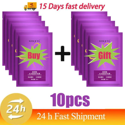 Purple packets with green text and 'HAN JUYA' branding, promotional text for fast delivery and quantity offer.