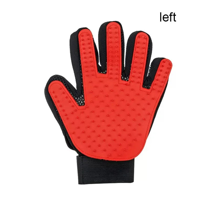 Red grooming glove with black accents on a white background