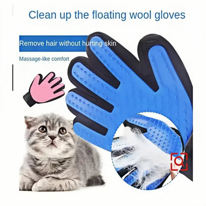Pet grooming glove with a cat and hair removal illustration on a white background