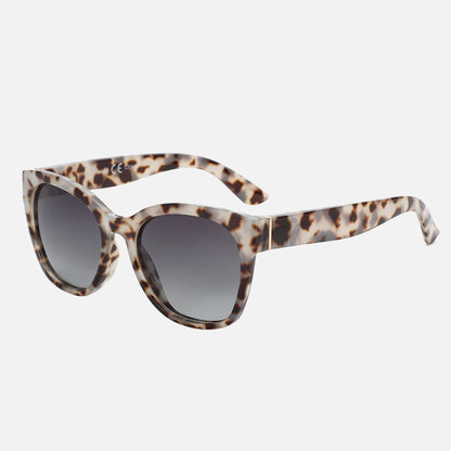 Sunglasses with tortoiseshell frame and dark lenses on a white background