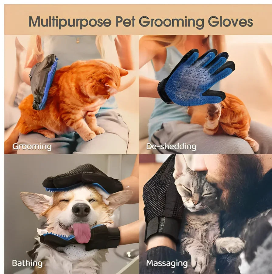 Multipurpose pet grooming gloves being used on a cat, dog, and another animal with text labels.