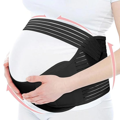 Pregnant woman wearing a black maternity belt on a white background