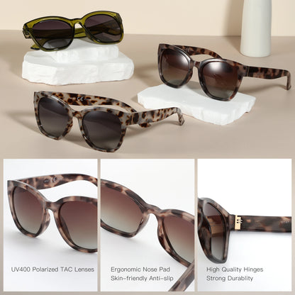 Leopard print sunglasses with features highlighted on a beige background