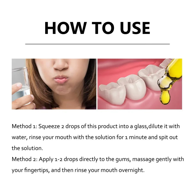 Instructions on how to use a dental product with text and images of a person using it.