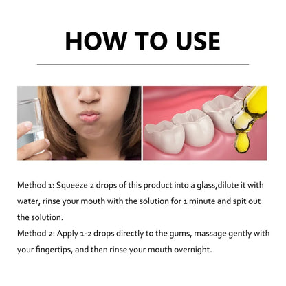 Instructions on how to use a dental product with text and images of a person using it.
