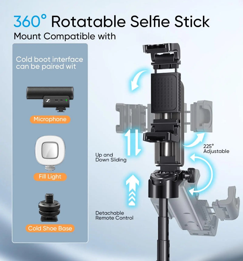360-degree rotatable selfie stick with compatibility features on a white background