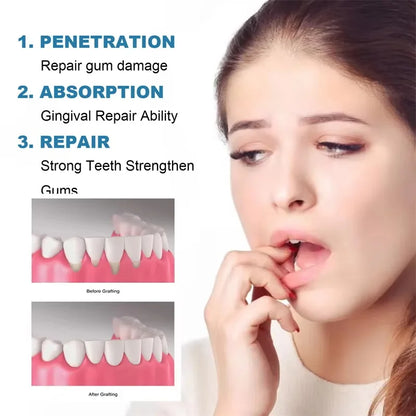 dental issues and text on gum repair and strength, with before and after images of teeth.