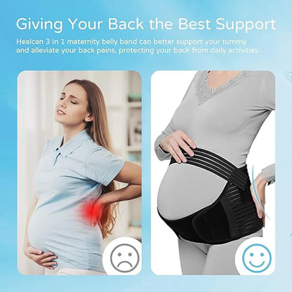 Pregnant woman wearing a belly band with text about back support and pain relief.