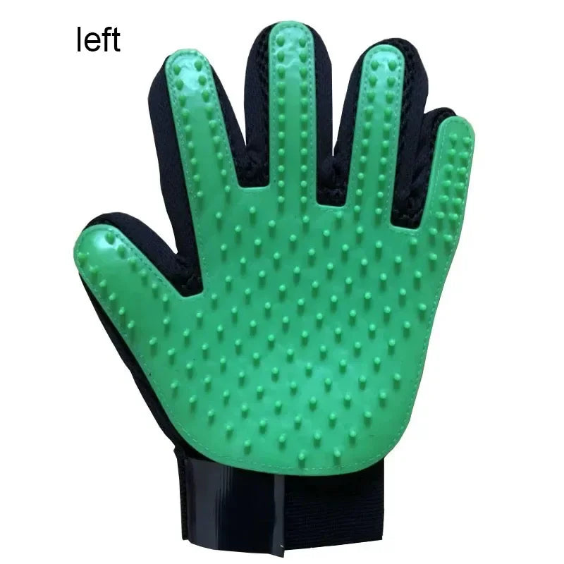 Green grooming glove with black accents on a white background