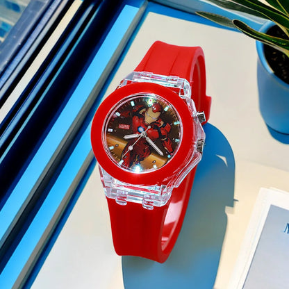 Red watch with a transparent case on a blue surface