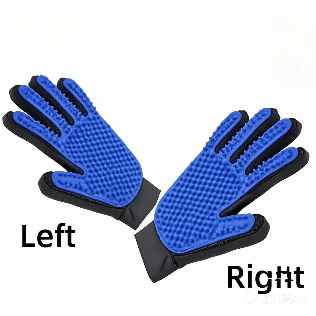 Pair of blue grooming gloves with black accents on a white background