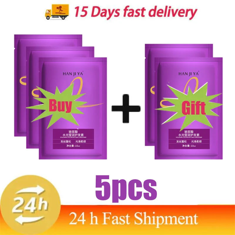 Purple packages with green text and 'HAN JI YA' branding, featuring promotional text about fast delivery and quantity offer.