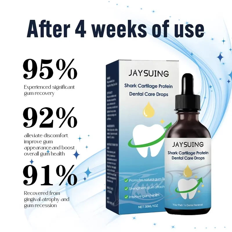 Jaysuing shark cartilage protein dental care drops with packaging and recovery statistics on a white background.