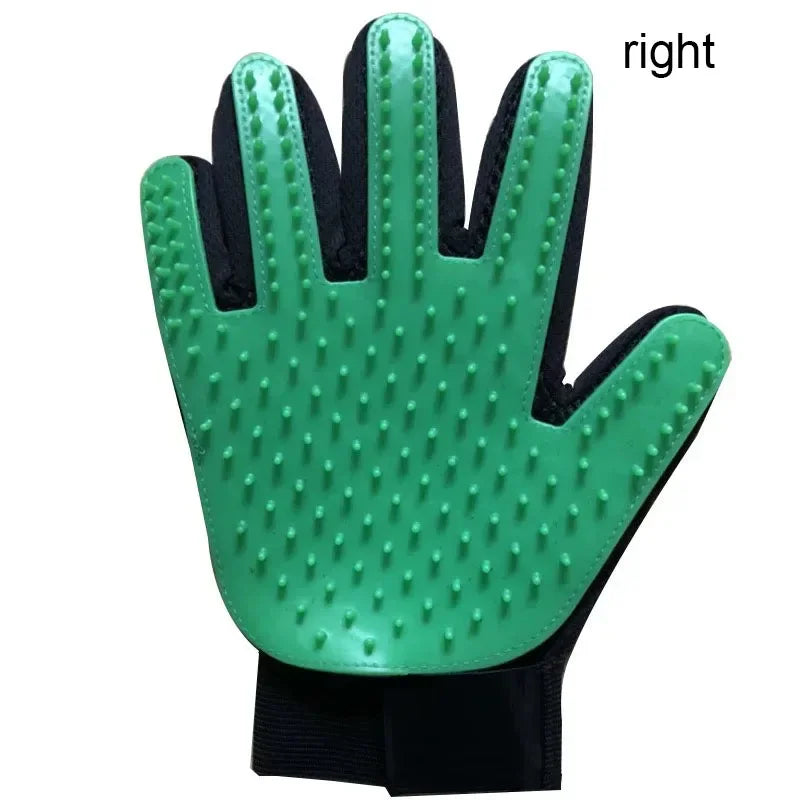 Green grooming glove with black accents on a white background