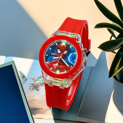 Red Spider-Man watch on a surface with a blurred background
