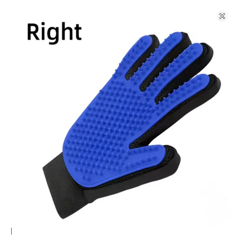 Blue grooming glove with black accents on a white background