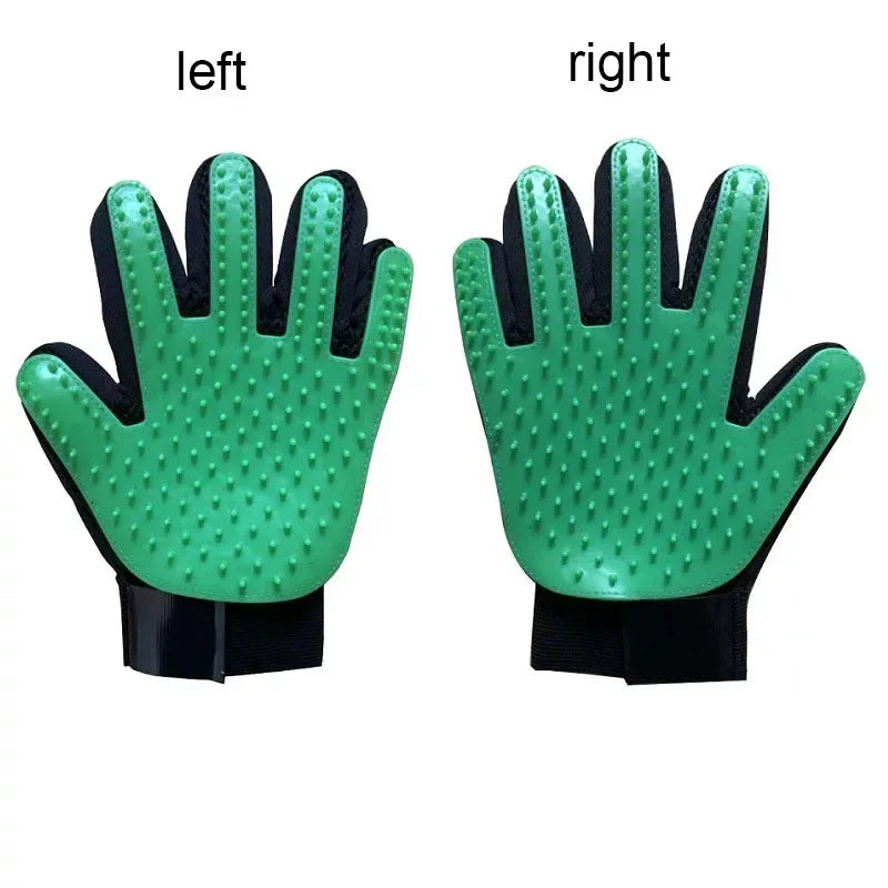 Green grooming gloves with black accents on a white background