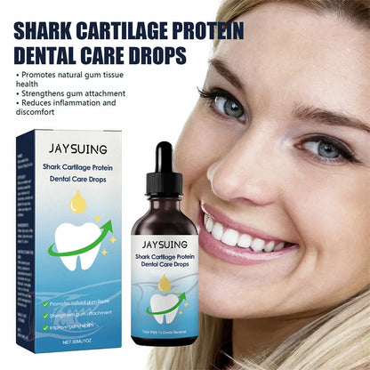 AYSUING shark cartilage protein dental care drops with a smiling woman and product packaging.