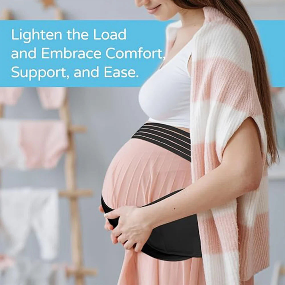 Pregnant woman wearing a support belt with text 'Lighten the Load and Embrace Comfort, Support, and Ease.'