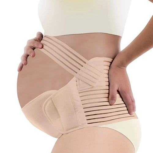 Beige abdominal support belt worn by a person on a white background