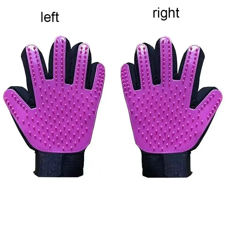 Purple grooming gloves with black accents on a white background