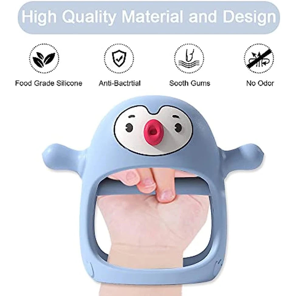 Blue cartoon character hand exerciser held by a hand