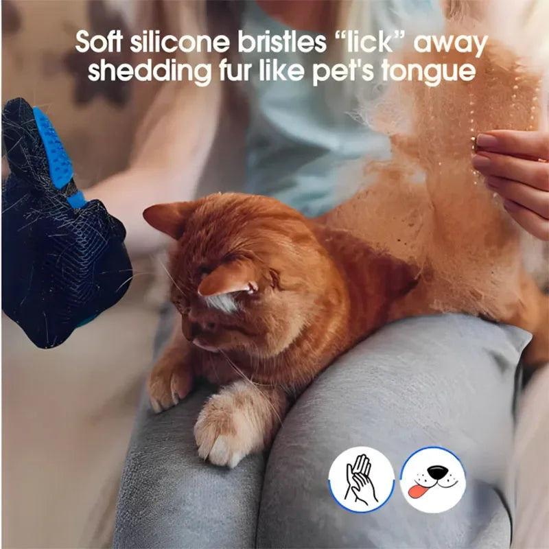 Cat using a pet grooming tool with text about soft silicone bristles and shedding fur.