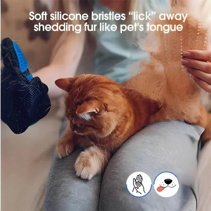 Cat using a pet grooming tool with text about soft silicone bristles and shedding fur.
