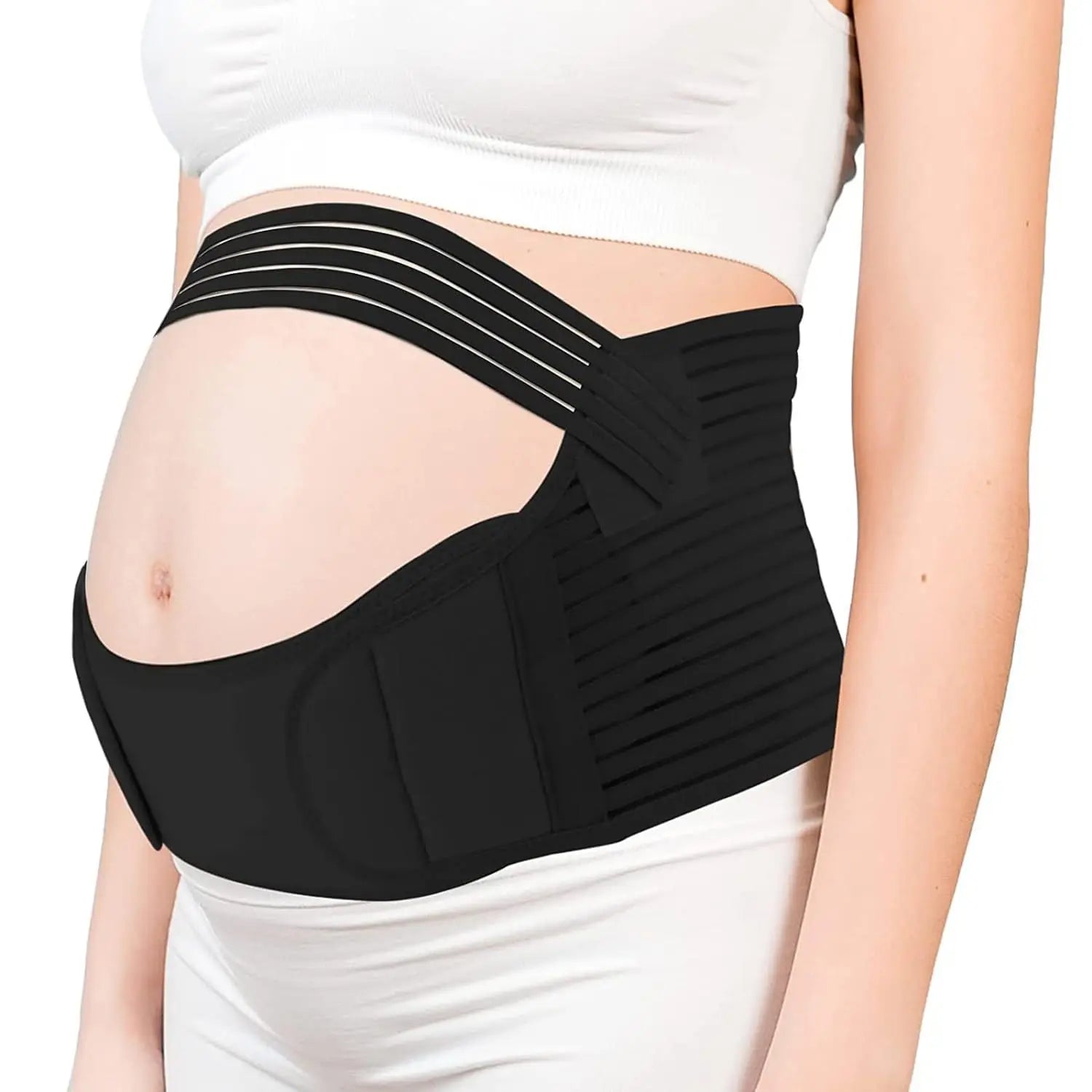 Black maternity belt worn by a person on a white background