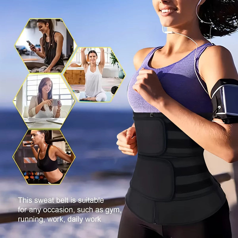 Woman wearing a black waist trainer with inset images of various activities.