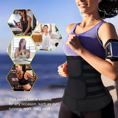 Woman wearing a black waist trainer with inset images of various activities.